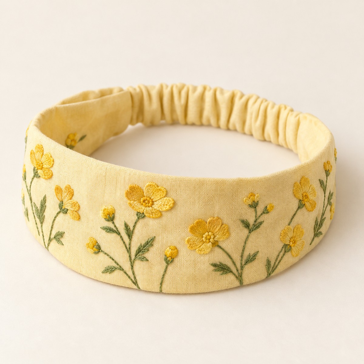 Pale yellow Buttercup Field, embroidered cloth headband