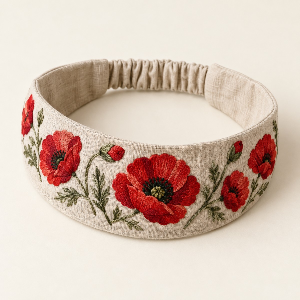 Natural beige Poppy Path, embroidered cloth headband