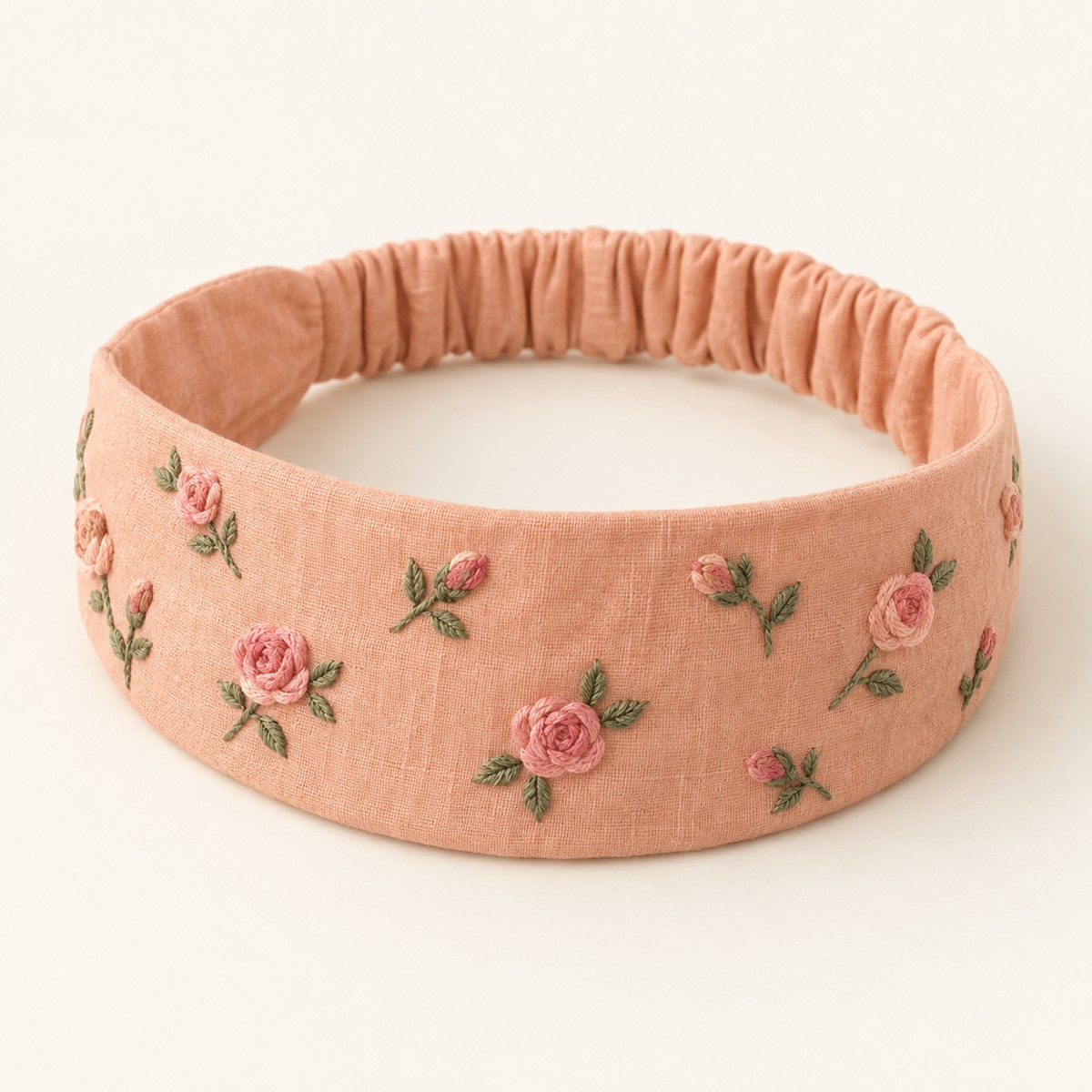 Peach Wild Rose, embroidered cloth headband